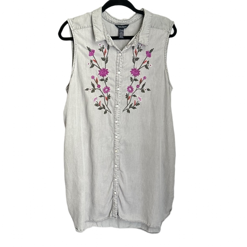 Women’s Terre Bleue Sleeveless Gray Dress with Floral Embroidery Size XXL